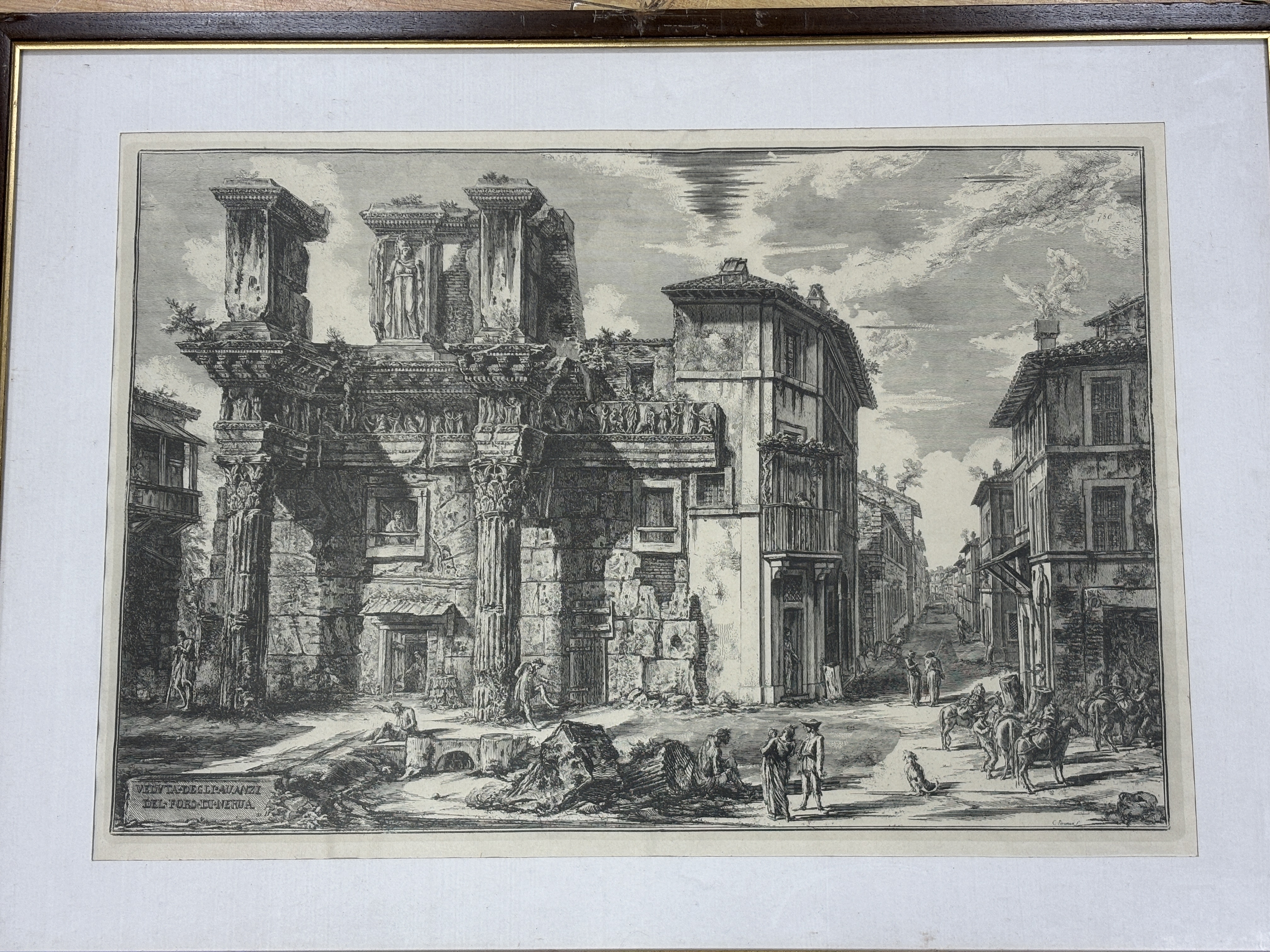 After Giovanni Battista Piranesi (Italian, 1720-1778), etching, ‘The Forum of Nerva with two half buried Corinthian columns’, signed in plate, 40 x 58cm